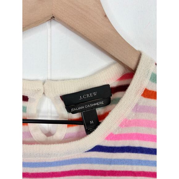 J. Crew Italian Cashmere Stripe Sweater Size Medium Pink Crewneck 3/4 Sleeve - Picture 7 of 7